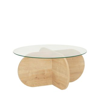 DRAWER Mesa de centro redonda vidrio templado y madera &oslash;75cm - Madera clara