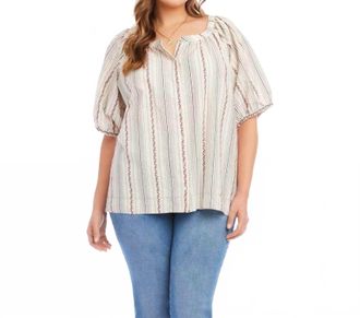 Karen Kane Stripe Puff Sleeve Embroidered Peasant Top - Plus In Natural