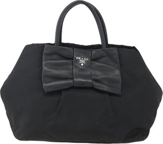 Prada Bow Tote Tessuto With Leather Black Nylon Handbag (Pre-Owned)