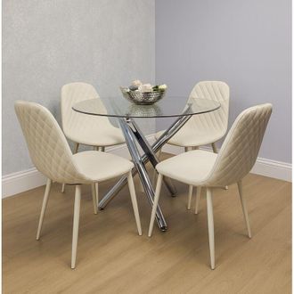 Kosy Koala Modern Round Clear Glass Dining Table Set with 4 Cream Chairs Dining Room Furniture