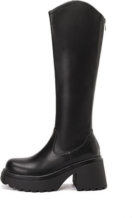 Generic Womens Knee-High PU Boots Round Toe Thick Platform Block Heels Side Zipper Stretch Fit Sleek Design Soft Lining Cushioned Insole Durable Non-Slip Outs
