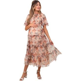 Pinkblush Floral Mesh Smocked Midi Dress in Peach at Nordstrom, Size Medium