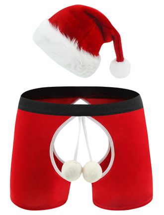 Feoya Mens Red Boxer Shorts Sexy Christmas Shorts Trunks with Christmas Hat Novelty Funny Underwear Santa Claus Boxer Briefs Xmas Cosplay Costume for Holida