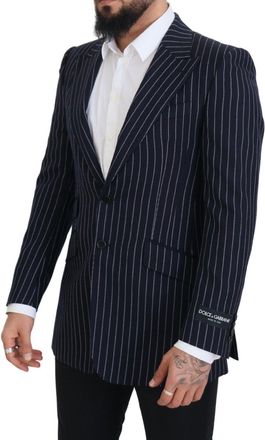 Dolce & Gabbana Mens Dark Blue Stripe Wool Single Breasted Blazer Navy Virgin Polyester Clothing