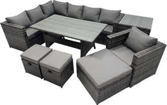 Fimous Fimous Outdoor PE Rattan Sofa Set with Dining Table Patio Garden Furniture Sets with Chair 3 Stool Side Table Dark Grey Mixed