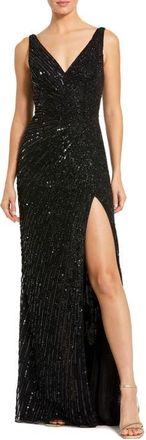 Mac Duggal Beaded Floral High Slit Sleeveless Gown in Black at Nordstrom, Size 12