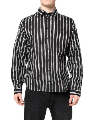 Dolce & Gabbana Black White Striped Cotton Dress Mens Shirt