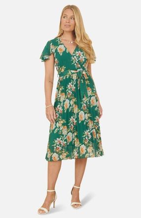 Yumi Pleated Floral Tie-Waist Wrap Midi Dress in Green at Nordstrom, Size 10