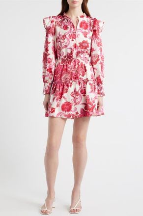 Chelsea28 Floral Long Sleeve Tiered Chiffon Minidress in Ivory- Pink Furnished Floral at Nordstrom, Size X-Small