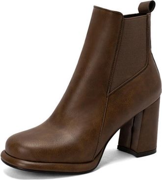 Generic Womens Ankle Boots with Platform Chunky Heel - Elastic Side Panel for Comfortable Fit and Easy Wear,Tan,1.5 UK