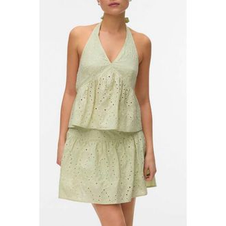 Vero Moda Embroidered Eyelet Halter Neck Babydoll Top in Fog Green Detail Snow White Em at Nordstrom, Size X-Small