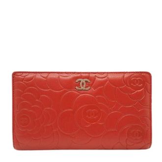 Chanel Pre-owned Wallets, female, Red, Size: ONE SIZE Pre-owned Camellia Embossed Lambskin Bifold Long Wallet
