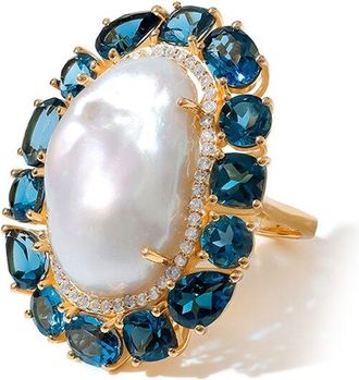 Tiramisu Gold Over Silver 33.34 Ct. Tw. Gemstone & 16-22Mm Pearl Statement Ring