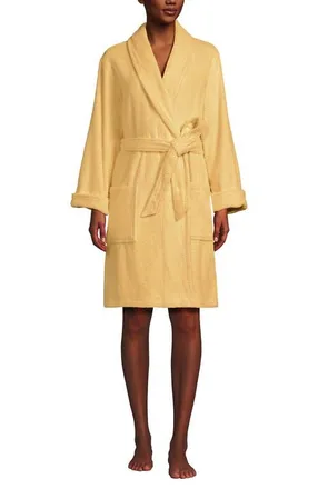 Lands End Soft Terry Long Sleeve Knee Length Robe in Pale Sunbeam Yellow at Nordstrom, Size X-Large