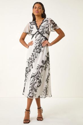 Roman Lace Trim V-Neck Chiffon Midi Dress