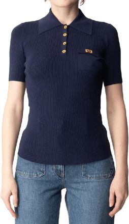 Elisabetta Franchi Gebreide Polo Shirt in Lyocell en Zijde - Dames - Polos - Blauw - M - Tops