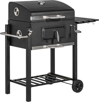 OUTSUNNY Charcoal Grill BBQ Trolley Wheels Shelf Side Thermometer Steel Black | TJ Hughes