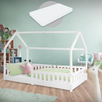 ML Design Ml-design Cama Infantil Casa Blanca 90x200 Cm De Madera De Pino Con Colch&oacute;n De Espuma Fr&iacute;a 16cm, Protecci&oacute;n Antica&iacute;da Y Techo, Somier De Listones, Cun