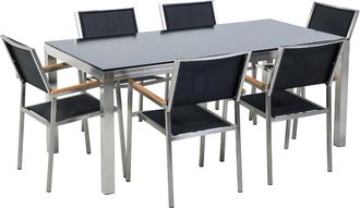 Beliani Conjunto De Comedor De Jard&iacute;n Negro Con Mesa 180 X 90 Cm De Vidrio Negro 6 Sillas Grosseto