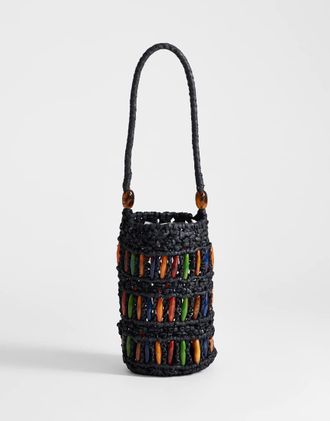 Topshop Harley - Borsa a mano in rafia nera con perline multicolore-Nero