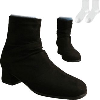 Generic Womens Ankle Boots with A Low Block Heel, Fashionable Short Boots in A Leopard-Print Suede Look with A Pleated Design, Comfortable Ankle Boots for Eve