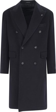 Tagliatore Navy Cashmere Double-Breasted Coat With Notched Lapel
