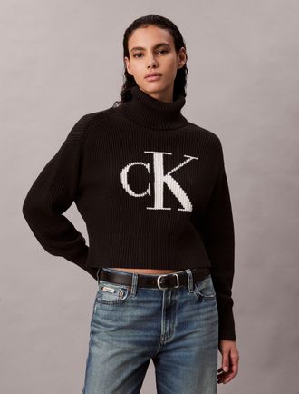 Calvin Klein Jeans Strickpullover CALVIN KLEIN JEANS, Damen, Gr. XXL (46), schwarz, Rippstrick, Obermaterial: 100% Baumwolle, unifarben, loose fit taillenlang, hoch gesc