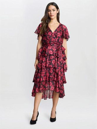 Gina Bacconi Womens Lottie Elastic Waist Tiered Dress - Black/Red - Size 10 UK