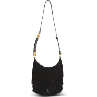 Balmain Ebene Suede Hobo Bag with Fringes in Black at Nordstrom