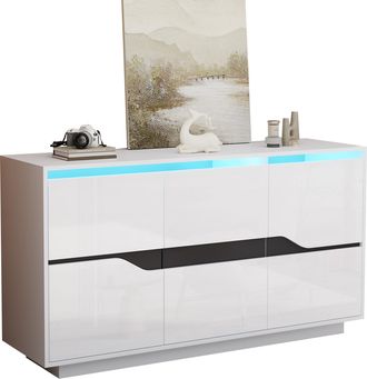STILVORA Aparador Con 3 Puertas, 5 Estantes Ajustables Y Led, Frente Brillante, Para Sal&oacute;n, En Tablero De Part&iacute;culas, 140 &times; 40 &times; 70 Cm, Blanco Y Negro