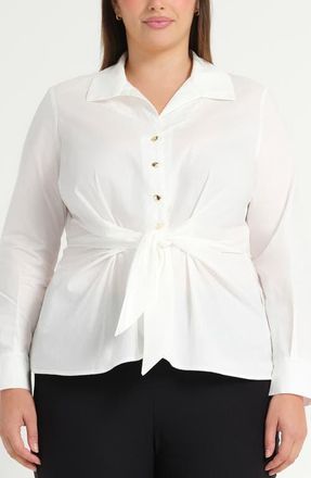 Estelle Leo Tie Front Cotton Button-Up Top in Milk at Nordstrom, Size 20W