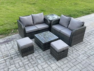 Fimous Rattan Sofa Set Outdoor Garden Furniture Set with Square Coffee Table Loveseat Sofa 2 Small Footstool Side Table Dark Grey Mixed