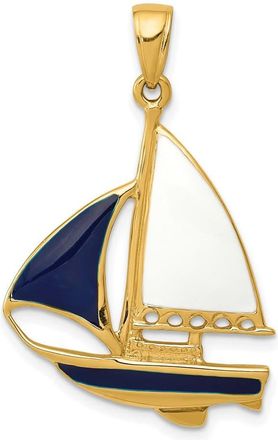 Diamond2Deal 14k Yellow Gold 2-D Blue White Enameled Sailboat Pendant