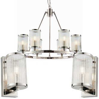 Loops 6 Lamp Ceiling & 2x Matching Wall Light Pack Bright Nickel & Ribbed Glass Shade in Metallics