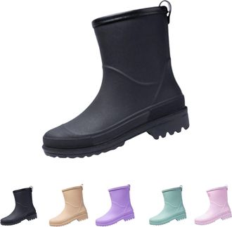 Generic Slip On Rain Boots for Womens Wellington Mid Calf Boots with Plush Lined Waterproof, Anti-Slip Ankle Snow Booties Ladies Winter Warm Outdoor Rain Shoe