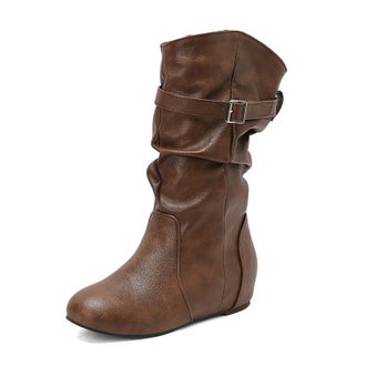 Generic Womens Pull on Slouch Mid-Calf Boots Round Toe PU Leather Casual Boots Wedge Heel Western Boot with Buckle,Brown,10.5 UK