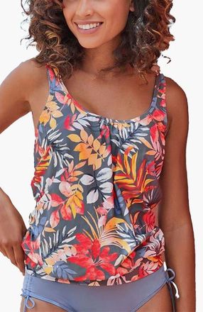 Lascana Womens Tropical Print Loose Tankini Top in Grey Printed at Nordstrom, Size 14