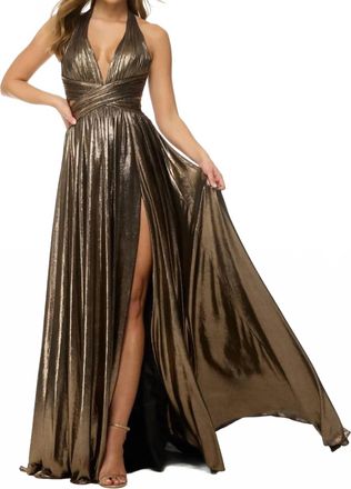 Sherri Hill Modest A Line Halter Metallic Long Prom Dress With Slit In Black/gold