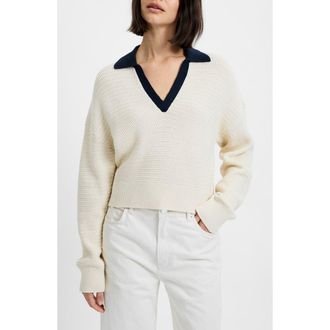 French Connection Mozart Contrast Johnny Collar Knit Top in Ecru-Marine at Nordstrom, Size X-Small