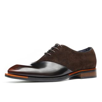 Generic Mens Lace Up Vintage Oxfords Suede & Patent Leather Office Dress Shoes Low Chunky Heel Formal Shoes,Brown1,7.5 UK