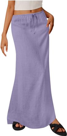 Generic Womens Linen Skirts Ladies Summer Skirts Retro Cotton and Linen Maxi Skirt Elasticated Waist Flowy Full Length Skirt Lace up Retro Casual Half Dress U