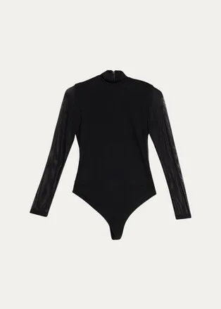 Alice & Olivia Clarinda Long-Sleeve Mesh Turtleneck Bodysuit