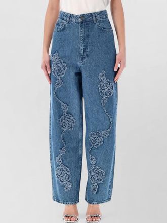 Rotate embroidered boyfriend denim trousers high waist