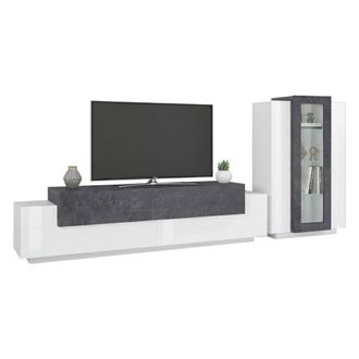 Dmora Pared Equipada Djazir, Conjunto De Sal&oacute;n Con Soporte Tv, Mueble Sal&oacute;n Polivalente, 100% Made In Italy, Cm 280x45h121, Blanco Brillo Y Pizarra - Dmora