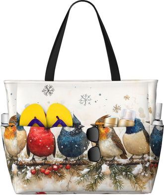 Generic Winter Birds Print Large Beach Bag Foldable Travel Shoulder Tote Bag With Pocket For Weekender Pool Vacation