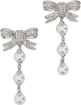 Self Portrait Pearl Droplet Earrings with Silver-Toned Bow and Crystal Embellishments