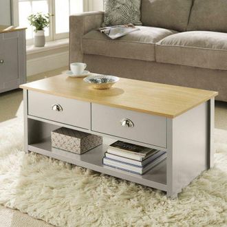 Home Source Industries Home Source - Coffee Table 2 Drawer Oak Grey Occasional Table d Cup Metal Handles Furniture