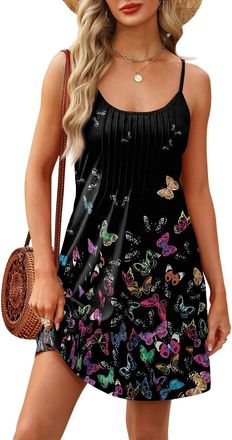 Generic Sundresses for Women UK, Womens Boho Floral Printed Dress Summer Sleeveless Adjustable Strap Beach Mini Dresses with Pockets Personalised Gifts,Black,