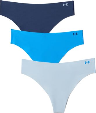 Under Armour Womens 3-Pack Pure Stretch No Show Thong Underwear, All-Day Comfort & Ultra-Soft Fit Panties, Blue Calm, M