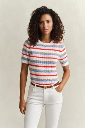 GANT Women Striped Cable Knit Short Sleeve Sweater (XXL) MULTICOLOR